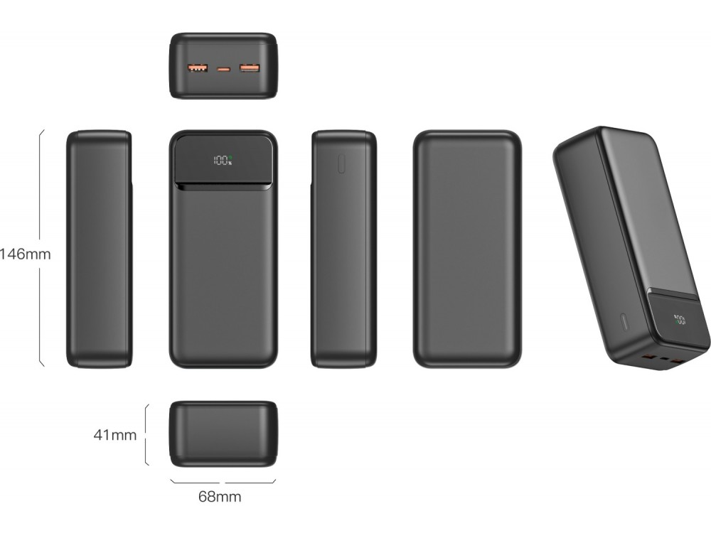 Swissten Power Line II 30000 PD 22.5W USB-C Power Bank 30.000mAh Power Delivery & QC3.0, Μαύρο