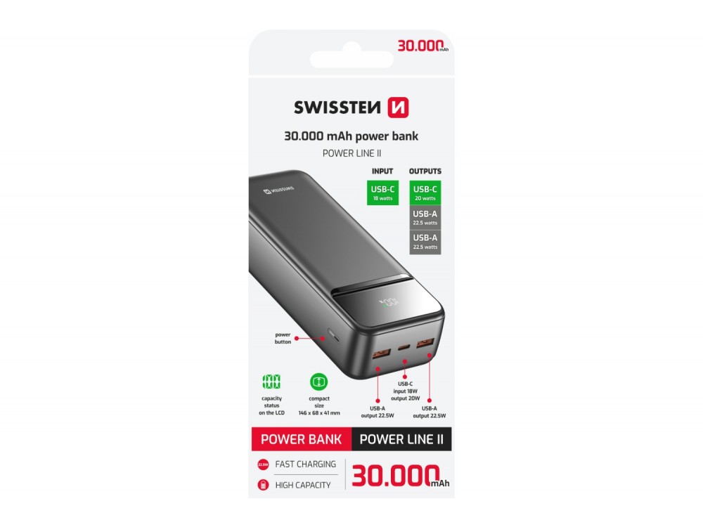 Swissten Power Line II 30000 PD 22.5W USB-C Power Bank 30.000mAh Power Delivery & QC3.0, Μαύρο