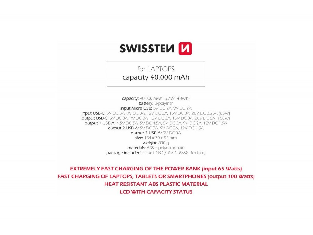 Swissten Power Bank 40.000mAh, 100W, με 3 Θύρες USB-A & Θύρα USB-C Power Delivery / Quick Charge, Black