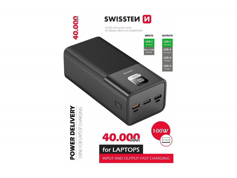 Swissten Power Bank 40.000mAh, 100W, με 3 Θύρες USB-A & Θύρα USB-C Power Delivery / Quick Charge, Black