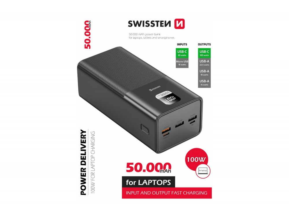 Swissten Power Bank 50.000mAh, 100W, με 3 Θύρες USB-A & Θύρα USB-C Power Delivery / Quick Charge, Black