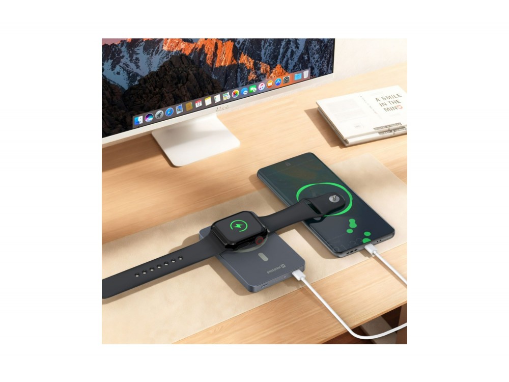 Swissten Slim Fusion Power Bank 5000mAh με Θύρα USB-C 20W, MagSafe 15W Wireless Charging, Silver