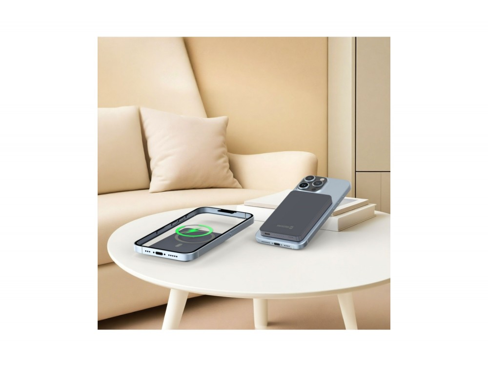 Swissten Slim Fusion Power Bank 5000mAh με Θύρα USB-C 20W, MagSafe 15W Wireless Charging, Silver