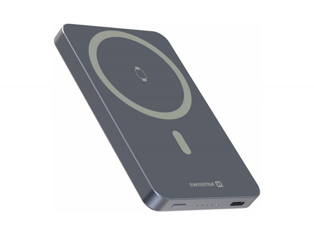 Swissten Slim Fusion Power Bank 5000mAh με Θύρα USB-C 20W, MagSafe 15W Wireless Charging, Silver