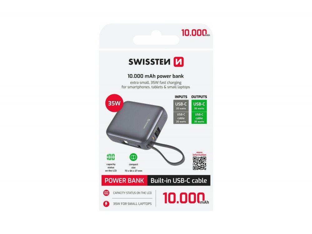 Swissten Space Power Bank 10.000mAh, 35W, με Οθόνη LCD, Θύρα USB-C & Ενσωματωμένο Καλώδιο USB-C, Silver