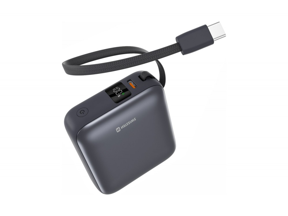 Swissten Space Power Bank 10.000mAh, 35W, με Οθόνη LCD, Θύρα USB-C & Ενσωματωμένο Καλώδιο USB-C, Silver