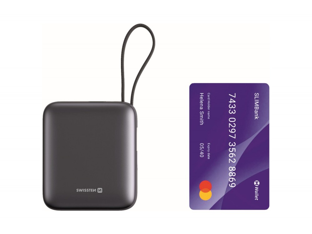 Swissten Space Power Bank 10.000mAh, 35W, με Οθόνη LCD, Θύρα USB-C & Ενσωματωμένο Καλώδιο USB-C, Silver