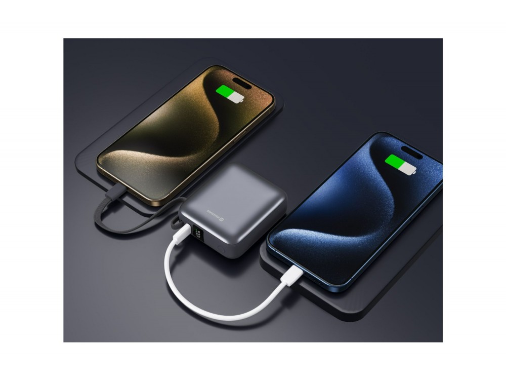 Swissten Space Power Bank 10.000mAh, 35W, με Οθόνη LCD, Θύρα USB-C & Ενσωματωμένο Καλώδιο USB-C, Silver