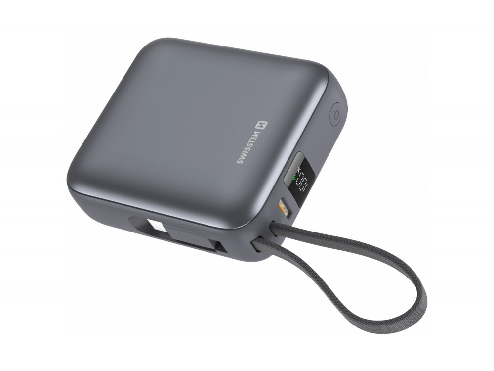 Swissten Space Power Bank 10.000mAh, 35W, με Οθόνη LCD, Θύρα USB-C & Ενσωματωμένο Καλώδιο USB-C, Silver