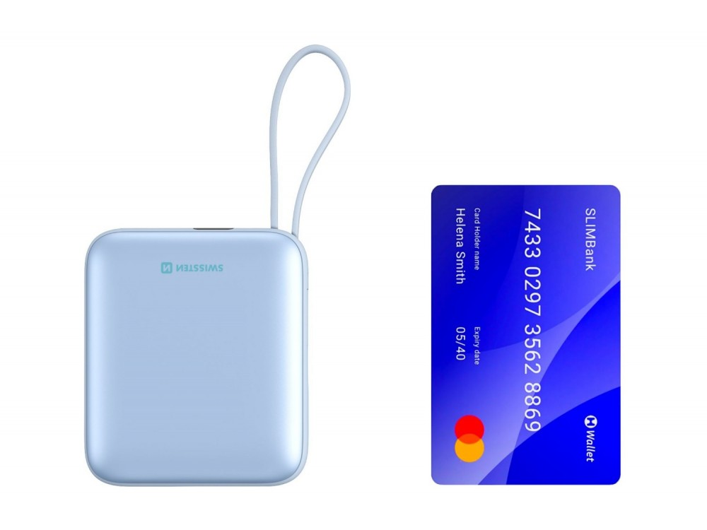 Swissten Space Power Bank 10.000mAh, 22.5W, με Θύρα USB-C & Ενσωματωμένα Καλώδια USB-C & Lightning, Blue