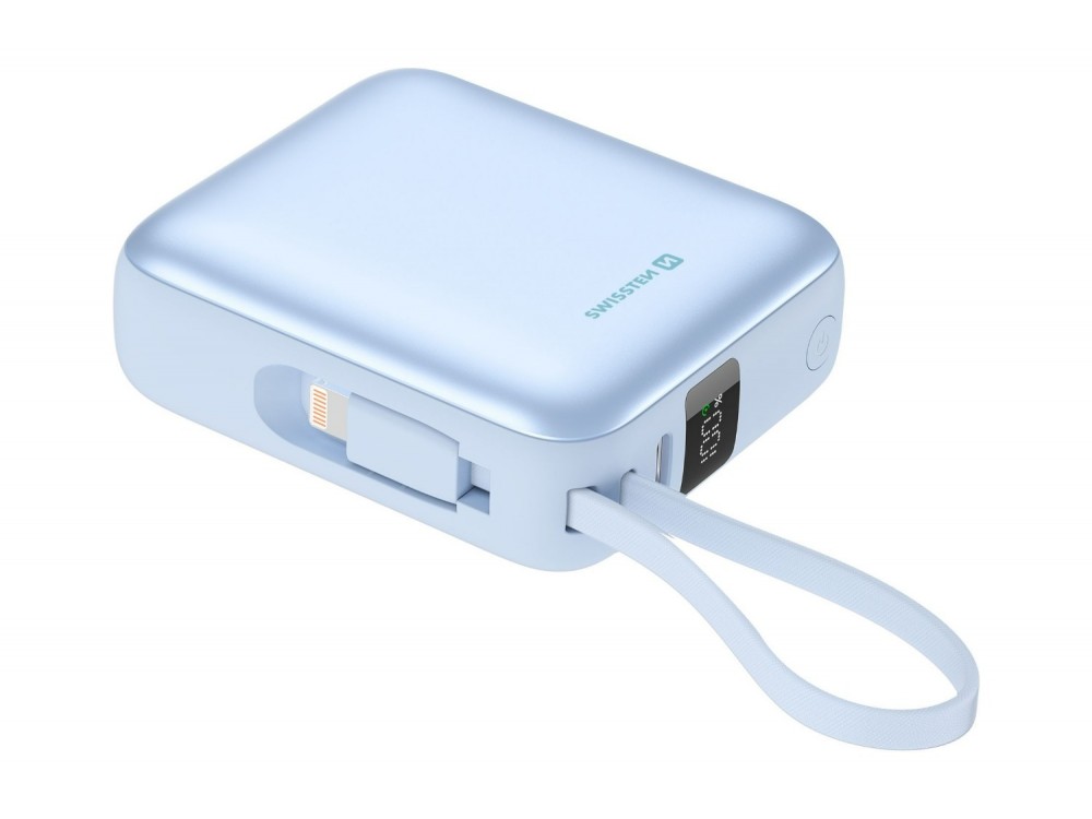 Swissten Space Power Bank 10.000mAh, 22.5W, με Θύρα USB-C & Ενσωματωμένα Καλώδια USB-C & Lightning, Blue
