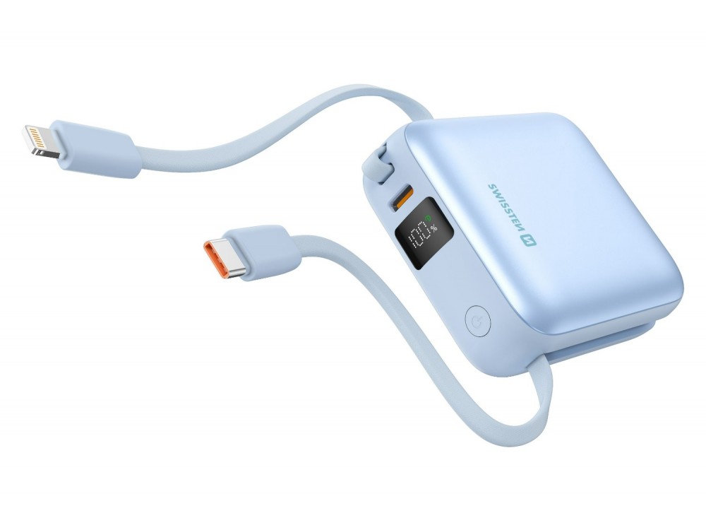 Swissten Space Power Bank 10.000mAh, 22.5W, με Θύρα USB-C & Ενσωματωμένα Καλώδια USB-C & Lightning, Blue