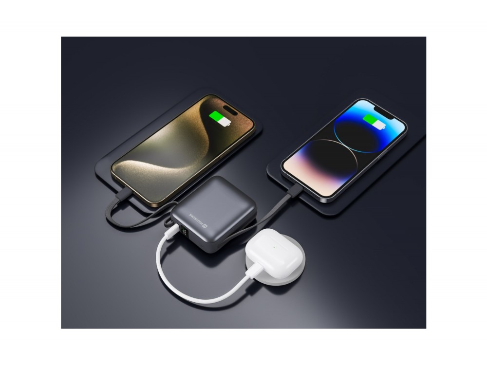 Swissten Space Power Bank 22.5W, 10.000mAh, με Θύρα USB-C & Ενσωματωμένα Καλώδια USB-C & Lightning, Silver