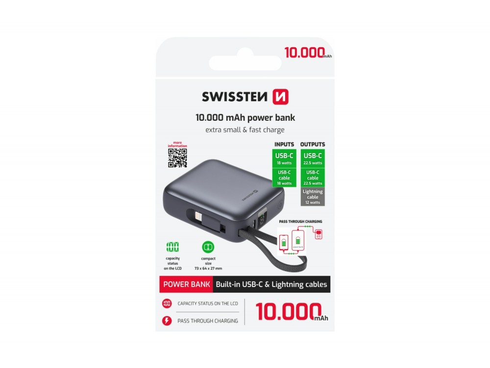 Swissten Space Power Bank 22.5W, 10.000mAh, με Θύρα USB-C & Ενσωματωμένα Καλώδια USB-C & Lightning, Silver