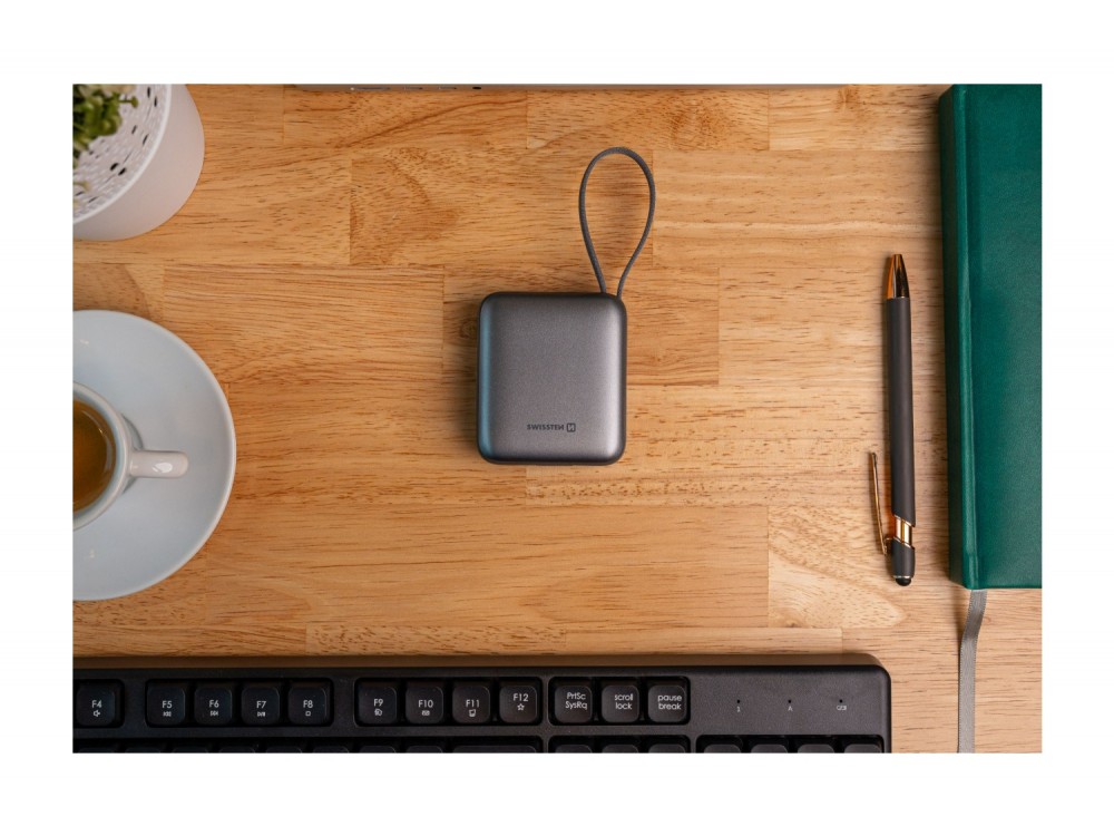Swissten Space Power Bank 22.5W, 10.000mAh, με Θύρα USB-C & Ενσωματωμένα Καλώδια USB-C & Lightning, Silver