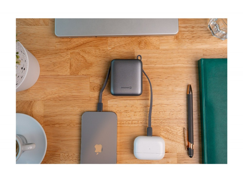 Swissten Space Power Bank 22.5W, 10.000mAh, με Θύρα USB-C & Ενσωματωμένα Καλώδια USB-C & Lightning, Silver