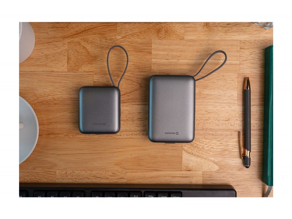Swissten Space Power Bank 22.5W, 10.000mAh, με Θύρα USB-C & Ενσωματωμένα Καλώδια USB-C & Lightning, Silver