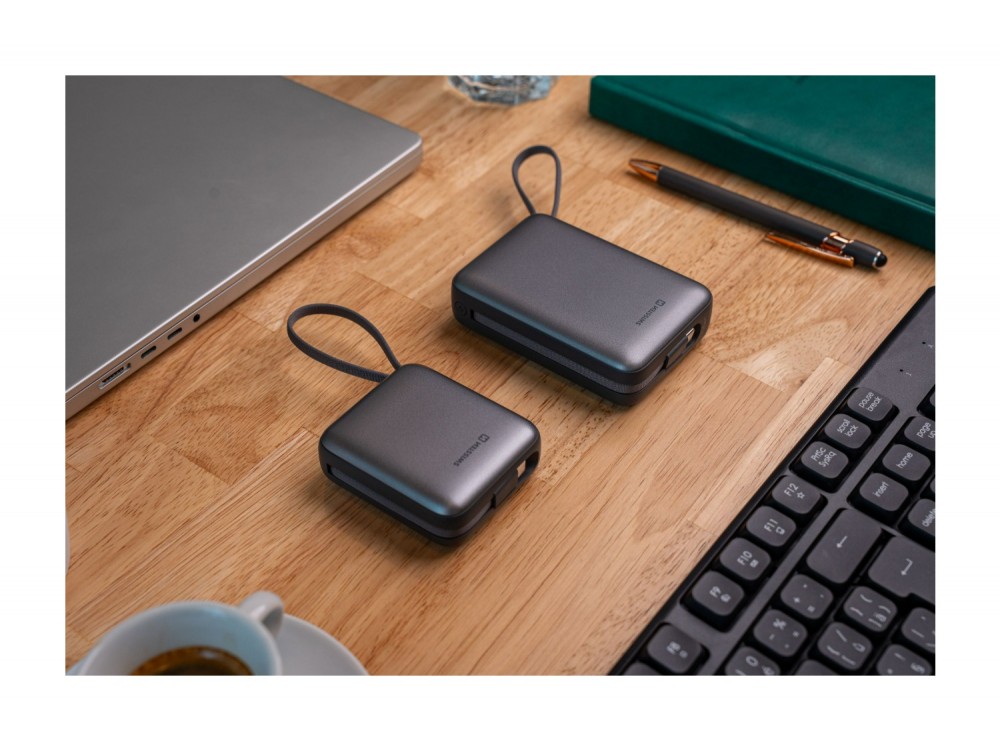Swissten Space Power Bank 22.5W, 10.000mAh, με Θύρα USB-C & Ενσωματωμένα Καλώδια USB-C & Lightning, Silver