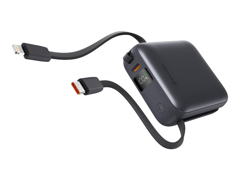 Swissten Space Power Bank 22.5W, 10.000mAh, με Θύρα USB-C & Ενσωματωμένα Καλώδια USB-C & Lightning, Silver