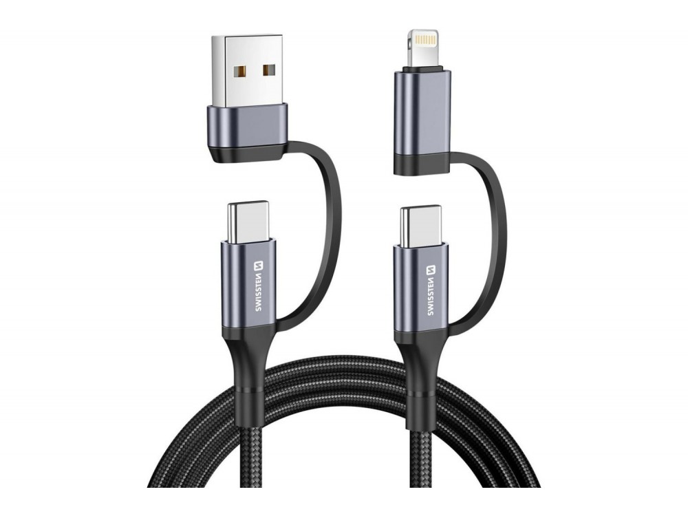 Swissten Textile 4-in-1 2*Type C + USB-A + Lightning Καλώδιο, 1.5μ. με Νάυλον ύφανση, Μαύρο