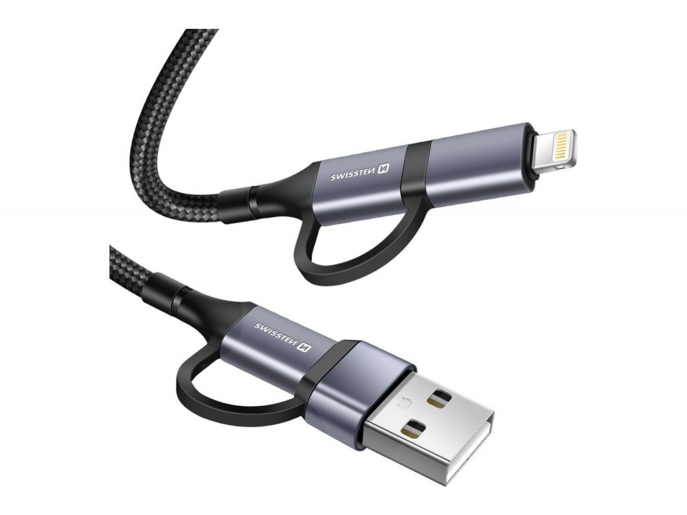 Swissten Textile 4-in-1 2*Type C + USB-A + Lightning Καλώδιο, 1.5μ. με Νάυλον ύφανση, Μαύρο