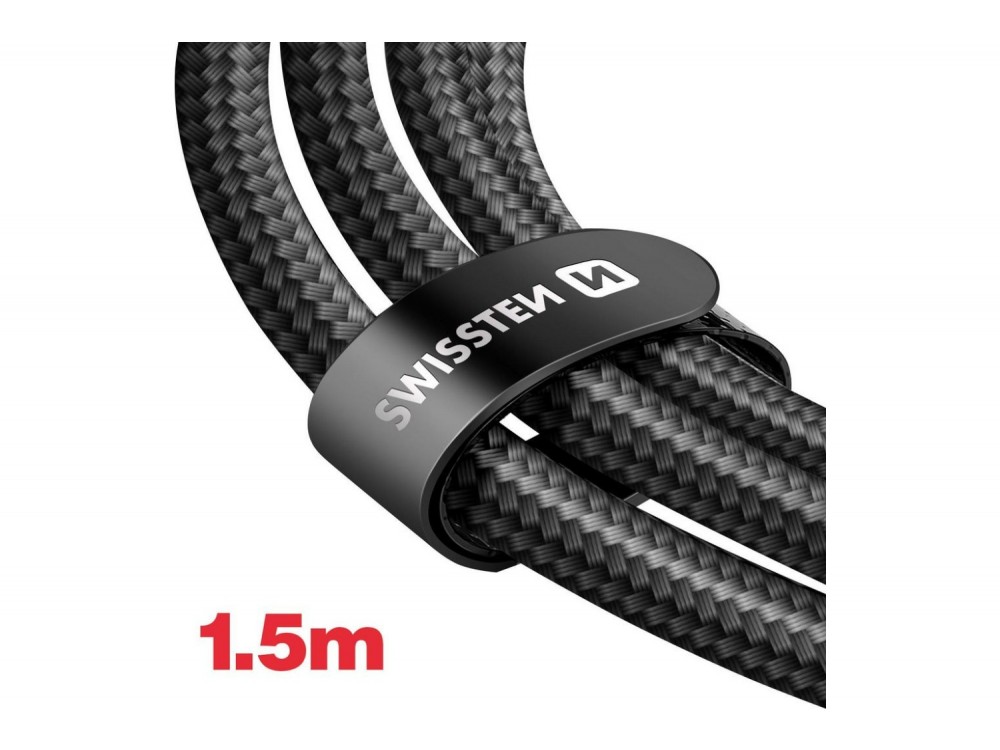 Swissten Textile 4-in-1 2*Type C + USB-A + Lightning Καλώδιο, 1.5μ. με Νάυλον ύφανση, Μαύρο