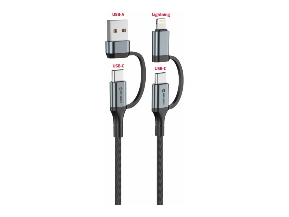 Swissten Textile 4-in-1 2*Type C + USB-A + Lightning Καλώδιο, 1.5μ. με Νάυλον ύφανση, Μαύρο