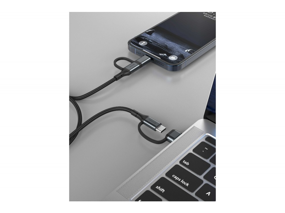 Swissten Textile 4-in-1 2*Type C + USB-A + Lightning Καλώδιο, 1.5μ. με Νάυλον ύφανση, Μαύρο