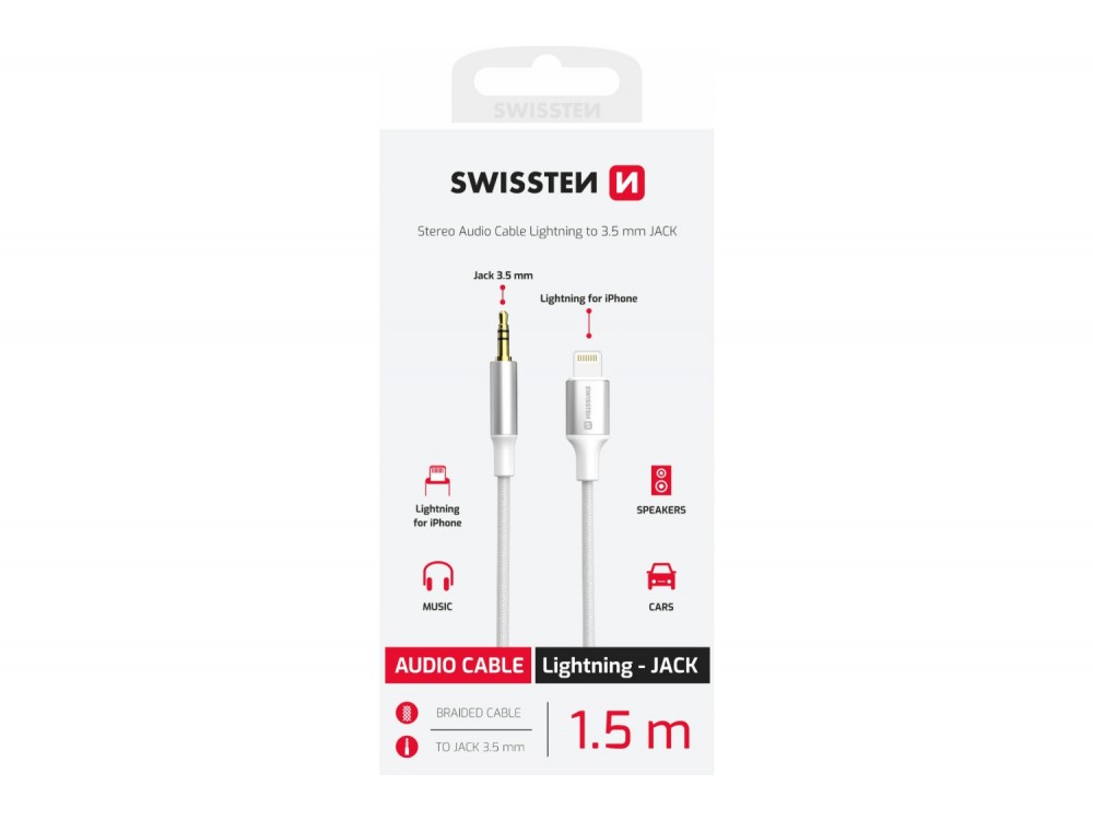 Swissten Textile Καλώδιο Lightning σε AUX 3.5mm με Νάυλον Ύφανση 1.5.μ, White
