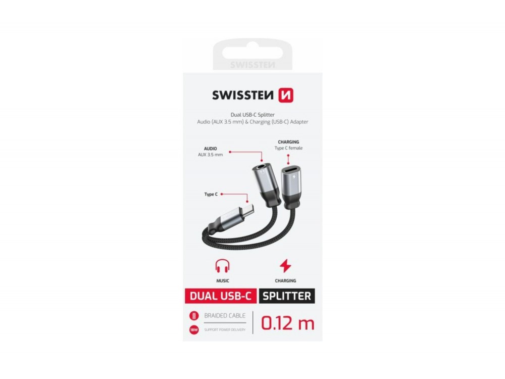 Swissten Textile Charging Audio Adapter USB-C Male σε USB-C Female & 3.5mm AUX με Νάυλον Ύφανση 12εκ. Black