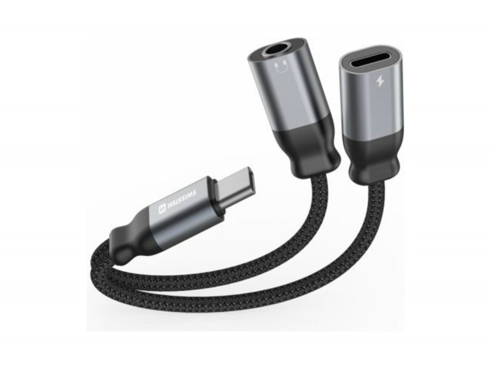 Swissten Textile Charging Audio Adapter USB-C Male σε USB-C Female & 3.5mm AUX με Νάυλον Ύφανση 12εκ. Black