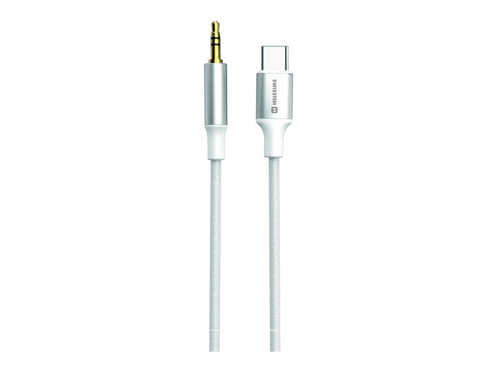 Swissten Textile Καλώδιο USB-C σε AUX 3.5mm με Νάυλον Ύφανση 1.5.μ, White