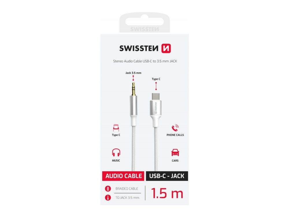 Swissten Textile Καλώδιο USB-C σε AUX 3.5mm με Νάυλον Ύφανση 1.5.μ, White