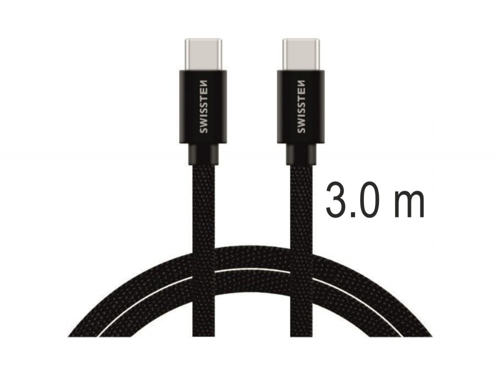 Swissten Textile USB-C Cable, Καλώδιο USB-C σε USB-C 60W, 3μ., Black