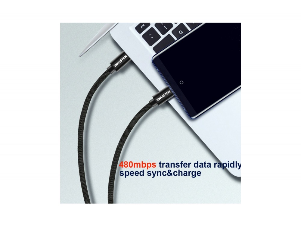 Swissten Textile USB-C Cable, Καλώδιο USB-C σε USB-C 60W, 3μ., Black