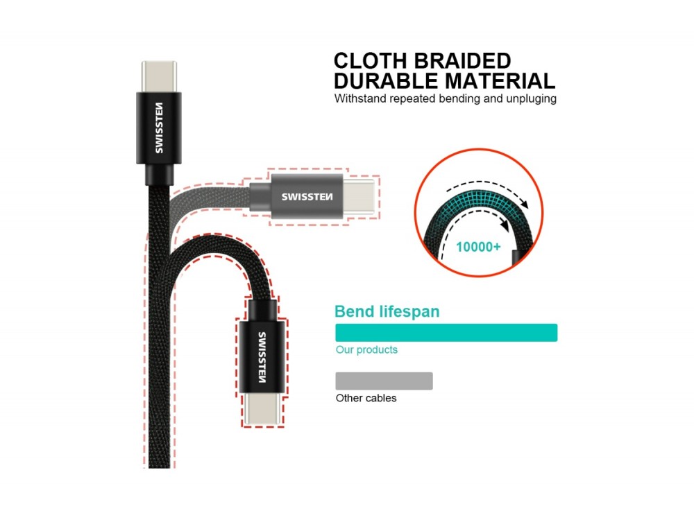 Swissten Textile USB-C Cable, Καλώδιο USB-C σε USB-C 60W, 3μ., Black