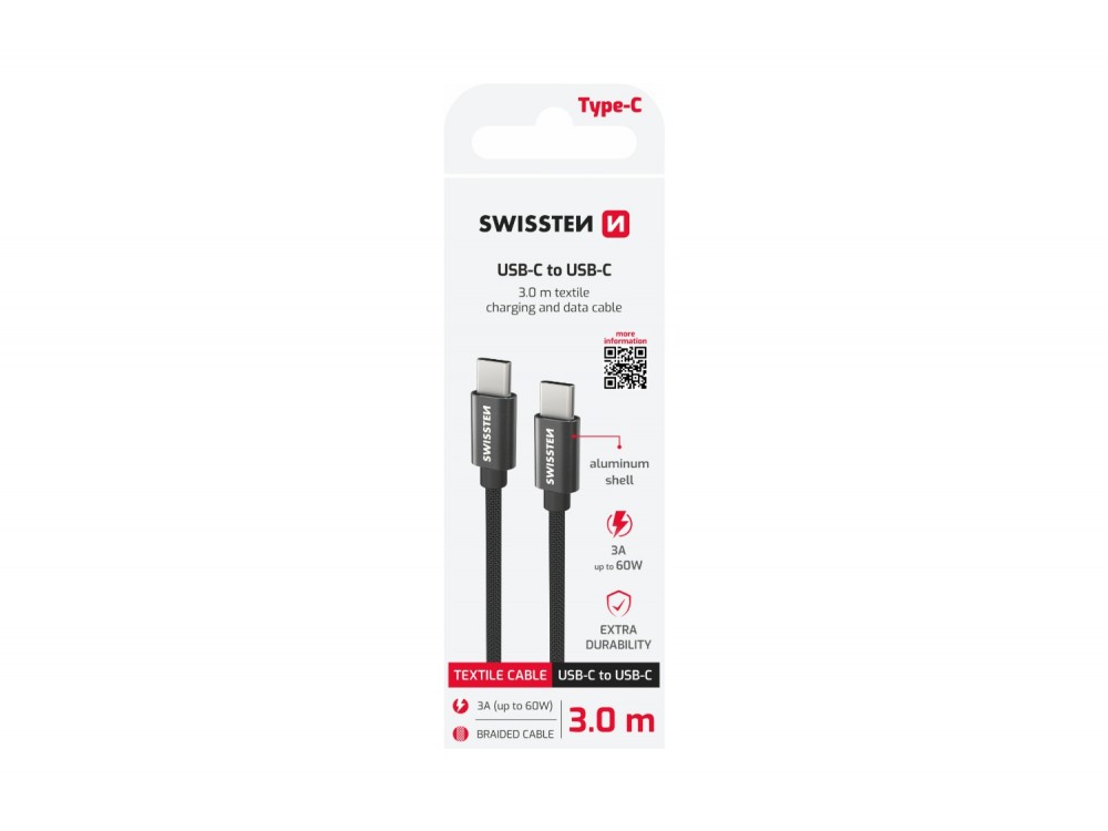 Swissten Textile USB-C Cable, Καλώδιο USB-C σε USB-C 60W, 3μ., Black