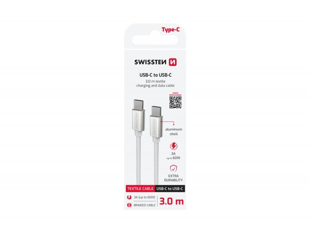 Swissten Textile USB-C Cable, Καλώδιο USB-C σε USB-C 60W, 3μ., Silver