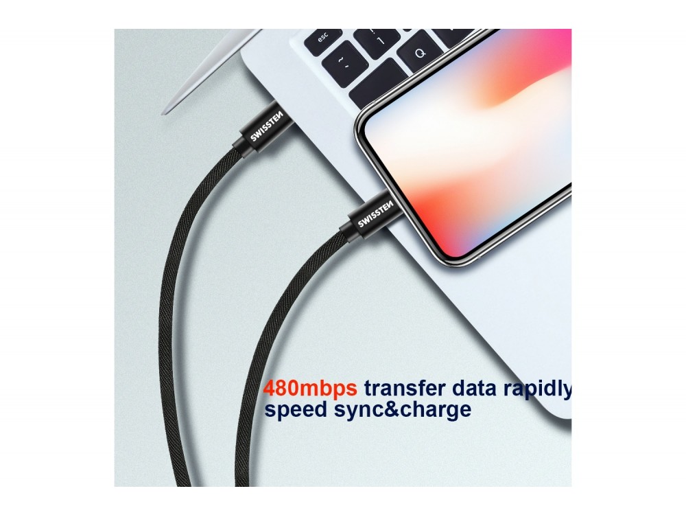 Swissten Textile Καλώδιο USB-C σε Lightning 2μ. με Νάυλον Ύφανση, Black