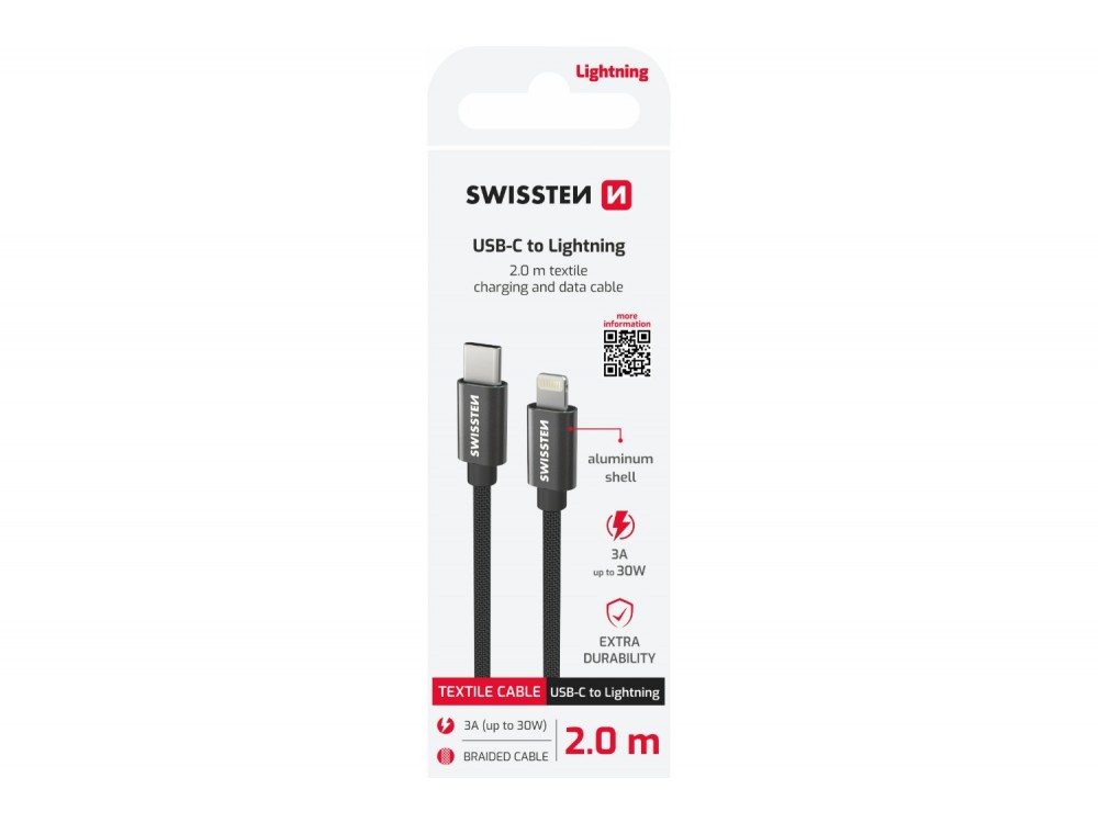 Swissten Textile Καλώδιο USB-C σε Lightning 2μ. με Νάυλον Ύφανση, Black