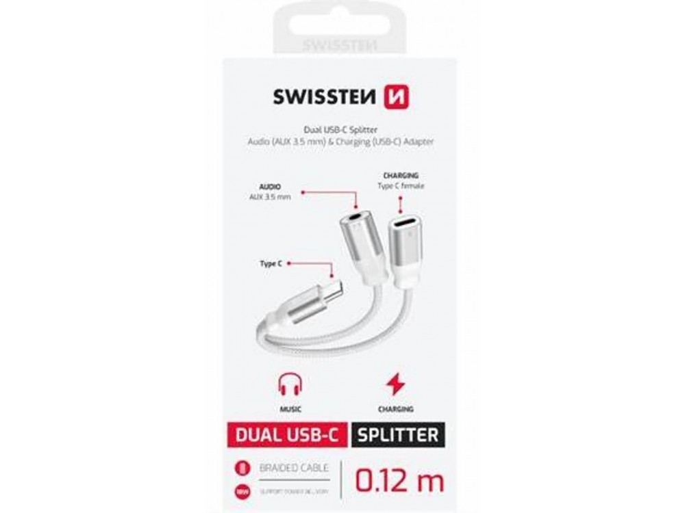 Swissten USB-C Male σε 3.5mm Female Auxiliary & USB-C Female Splitter Audio Cable 25cm Braided