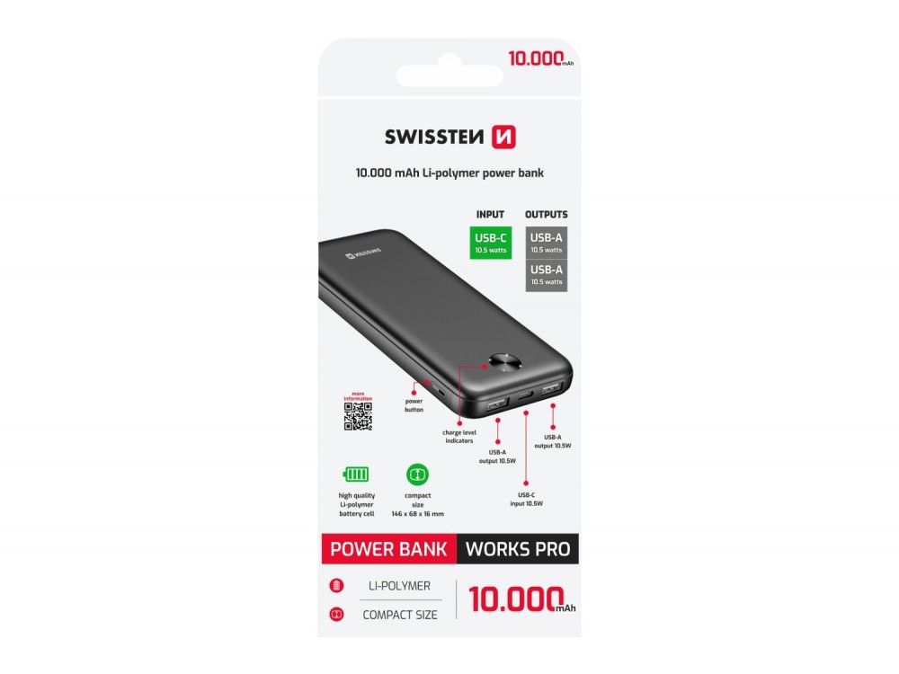 Swissten WORX Pro 10000 USB-C Power Bank 10.000mAh, Μαύρο