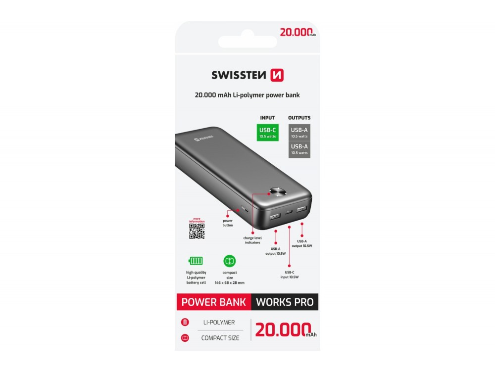 Swissten WORX Pro 20000 USB-C Power Bank 20.000mAh, Μαύρο