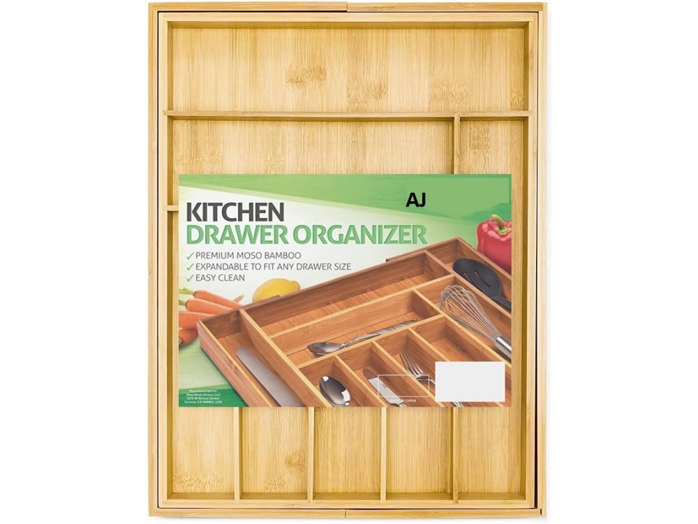 AJ Premium Drawer Organizer, Expandable Cutlery Organizer (7-9 Compartments) Made of Bamboo, 35-57 x 43 x 5cm