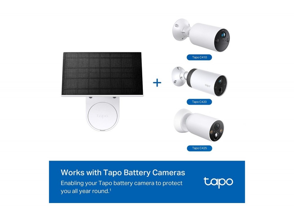 TP-Link Tapo A201 Ηλιακό Πάνελ για Κάμερες Tapo με Μπαταρία, IP65, Καλώδιο 0,25m + Προέκταση 3,8m