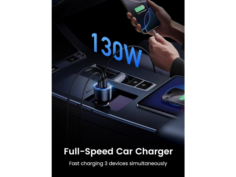 Ugreen Φορτιστής Αυτοκινήτου 130W PD / QC με Θύρες USB-A & USB-C και Καλώδιο USB-C 1m, Gray