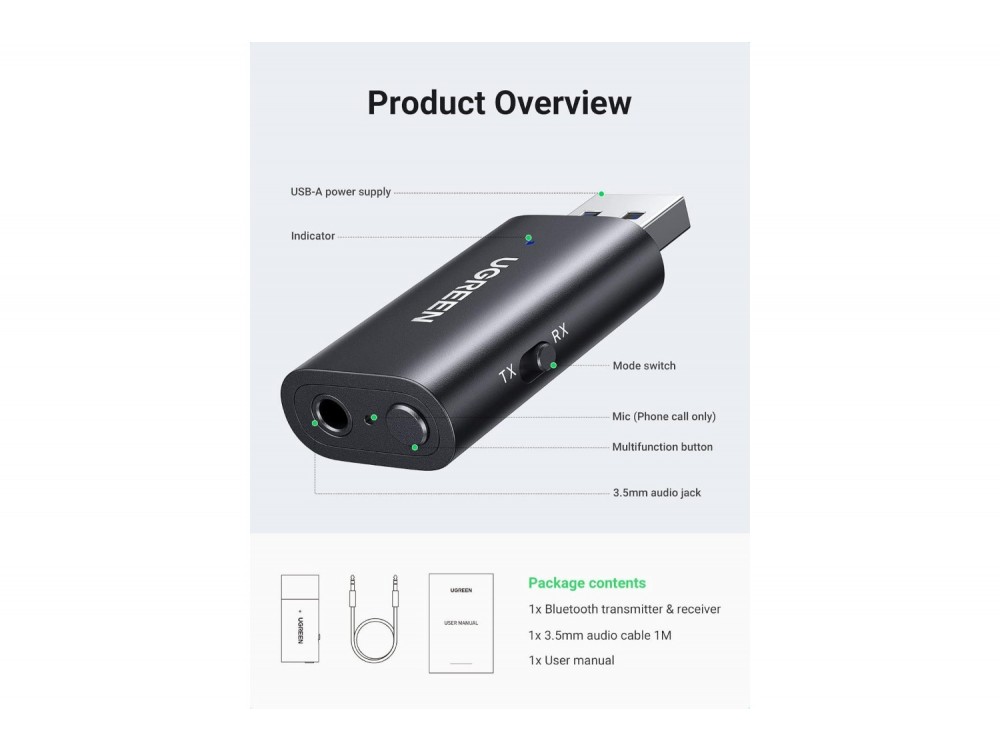 Ugreen Bluetooth 5.1 2-in1 Transmitter/Receiver, 3.5mm AUX Wireless Audio Adapter με 1μ. Καλώδιο AUX - ΑΝΟΙΓΜΕΝΗ ΣΥΣΚΕΥΑΣΙΑ