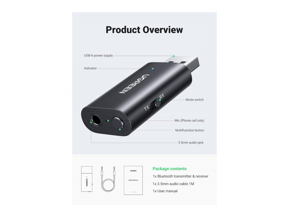 Ugreen Bluetooth 5.1 2-in1 Transmitter/Receiver, 3.5mm AUX Wireless Audio Adapter με 1μ. Καλώδιο AUX - ΑΝΟΙΓΜΕΝΗ ΣΥΣΚΕΥΑΣΙΑ