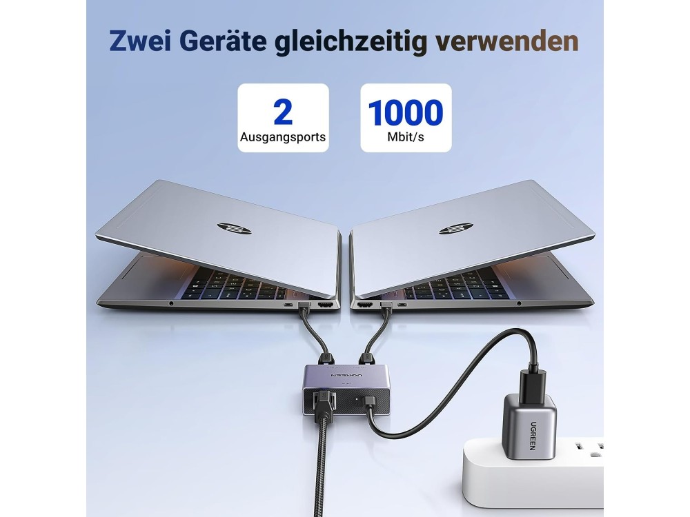 Ugreen Ethernet Splitter 1 σε 2 Gigabit 1000Mbps με Τροφοδοσία USB-C, Αλουμινίου
