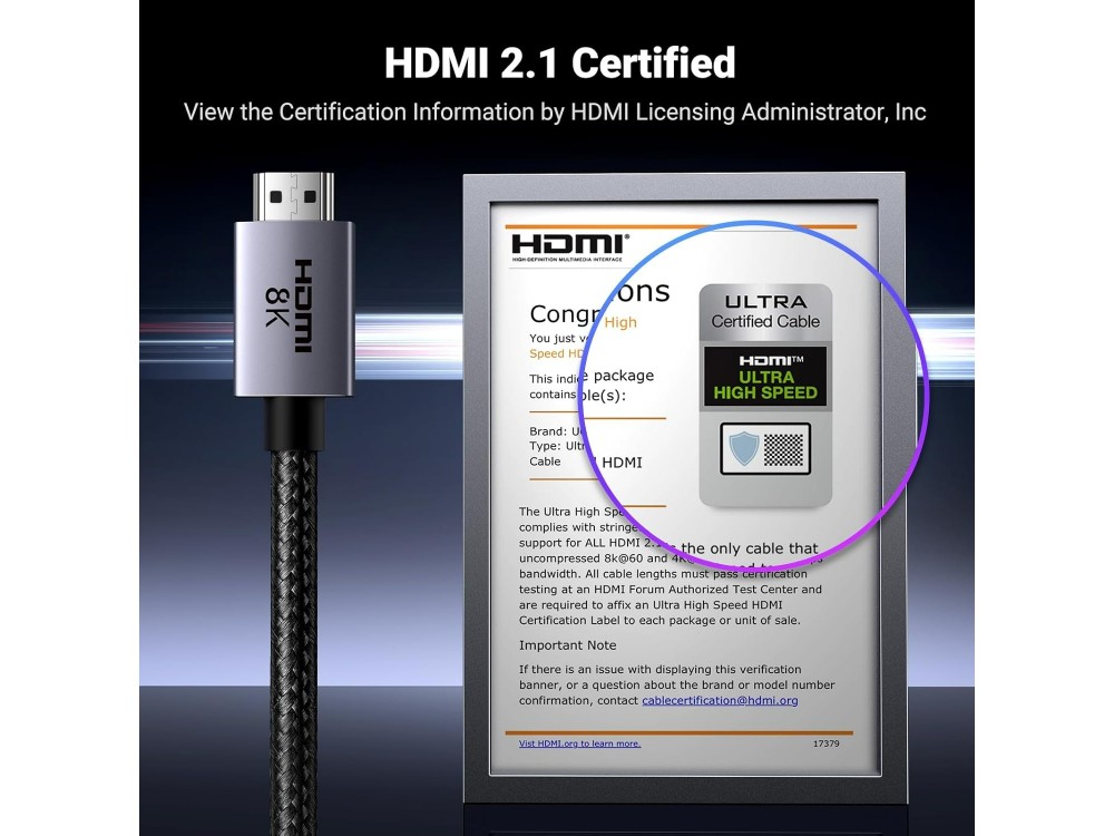 Ugreen Καλώδιο HDMI 2.1 Certified Ultra High Speed 8K@60Hz / 4K@120Hz 48Gbps, 2m